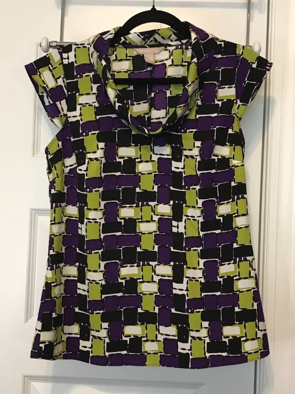 Banana Republic sleeveless top with cowl neck & colorful 70s geometric print (M)